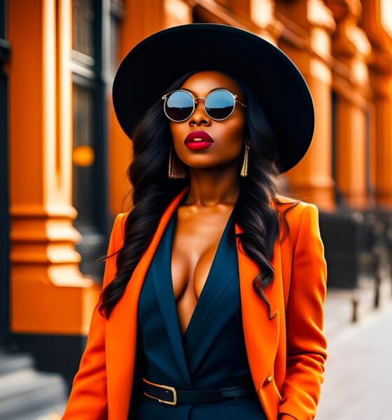 Femme noire marchant dans la rue, avec un beau décolleté, un grand chapeau et un beau manteau orange.