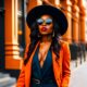 Femme noire marchant dans la rue, avec un beau décolleté, un grand chapeau et un beau manteau orange.