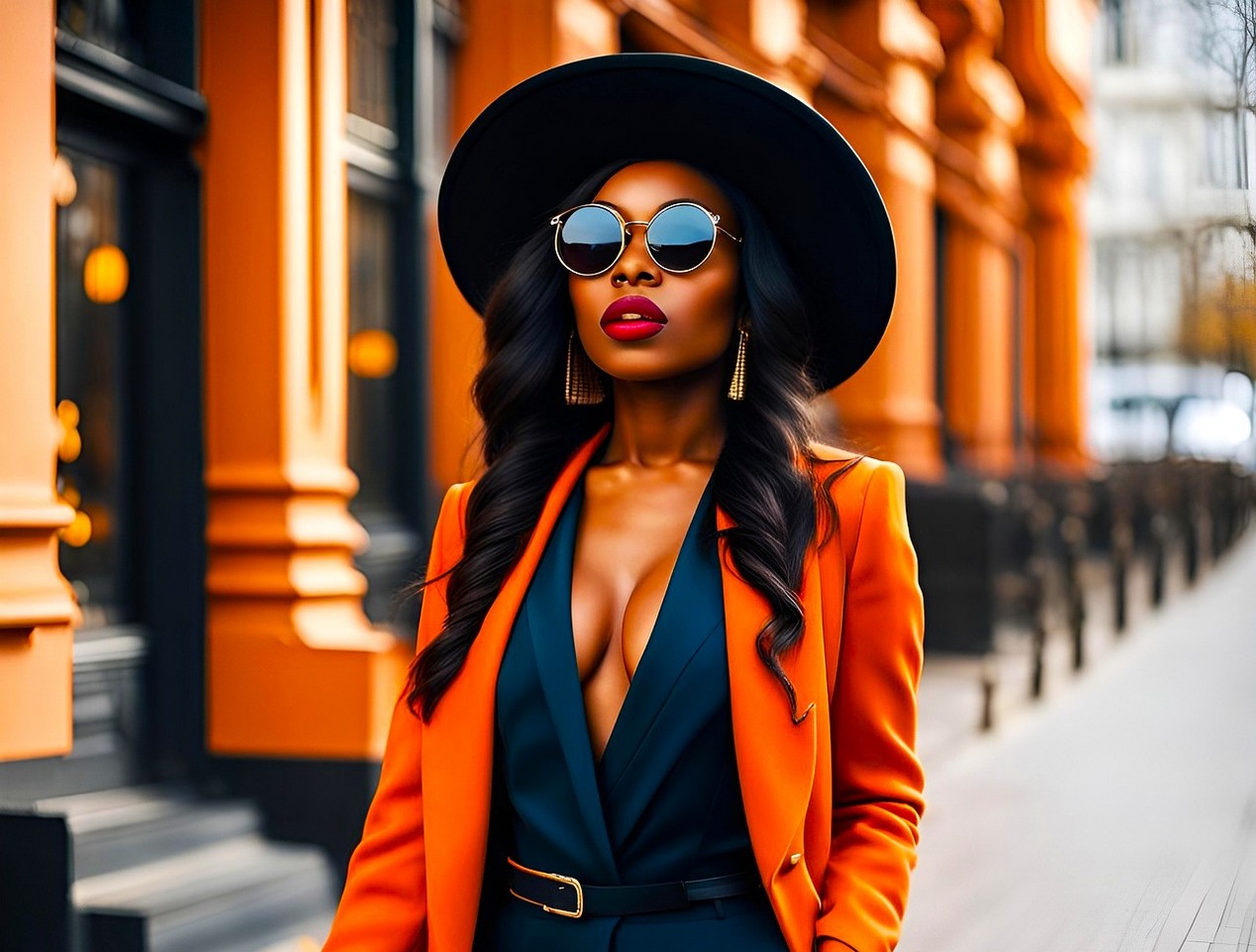 Femme noire marchant dans la rue, avec un beau décolleté, un grand chapeau et un beau manteau orange.