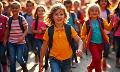 groupe d'élèves souriants en train de marcher dans la rue