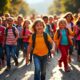 groupe d'élèves souriants en train de marcher dans la rue