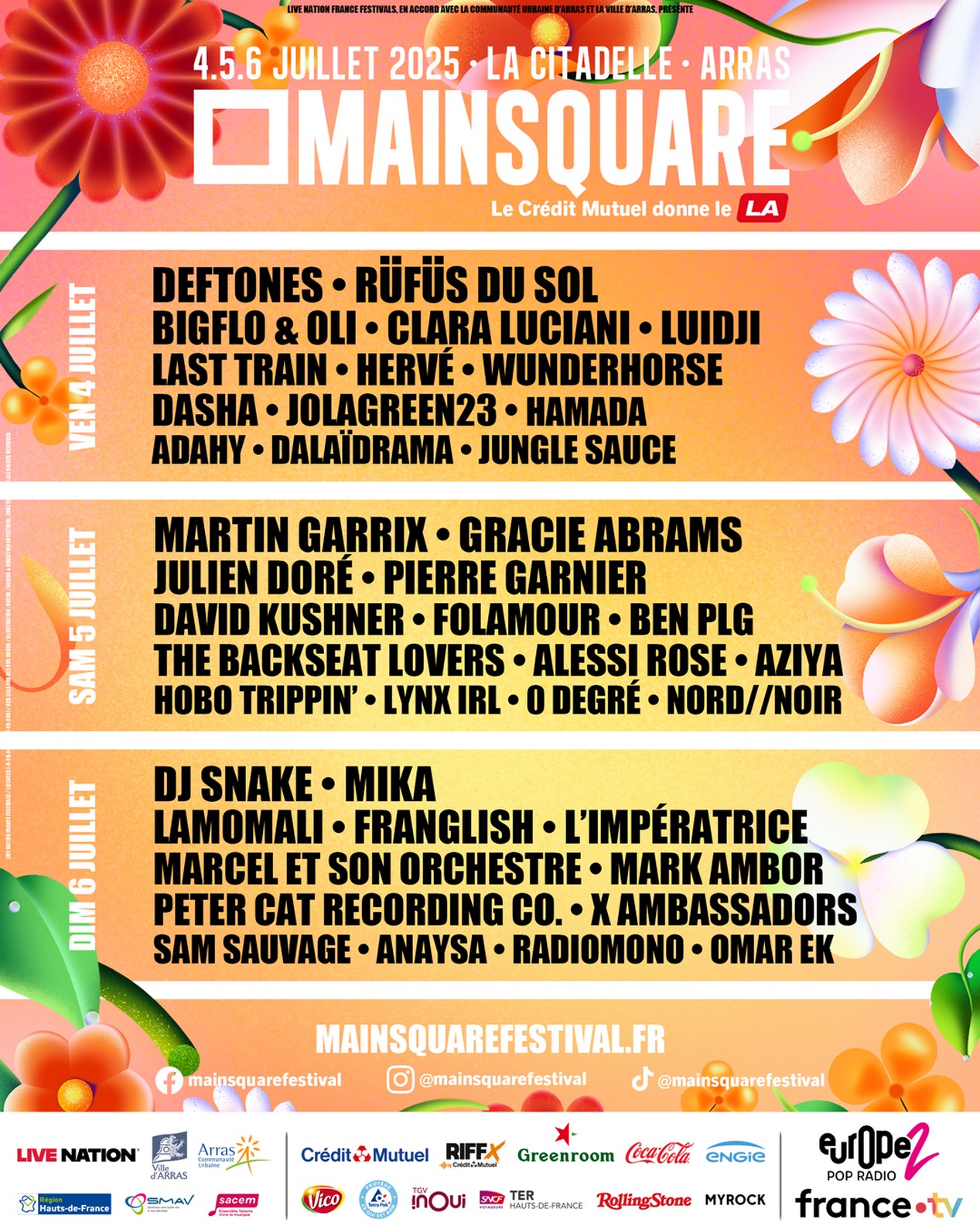 Affiche du MAIN SQUARE FESTIVAL édition 2025 qui se tiendra à Arras du 4 au 6 juillet 2025