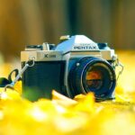 Appareil photo argentique de la marque japonaise Pentax : le modèle Pentax K1000, posé dans des feuilles d'automne, un modèle sorti en 1976 et stoppé en 1997