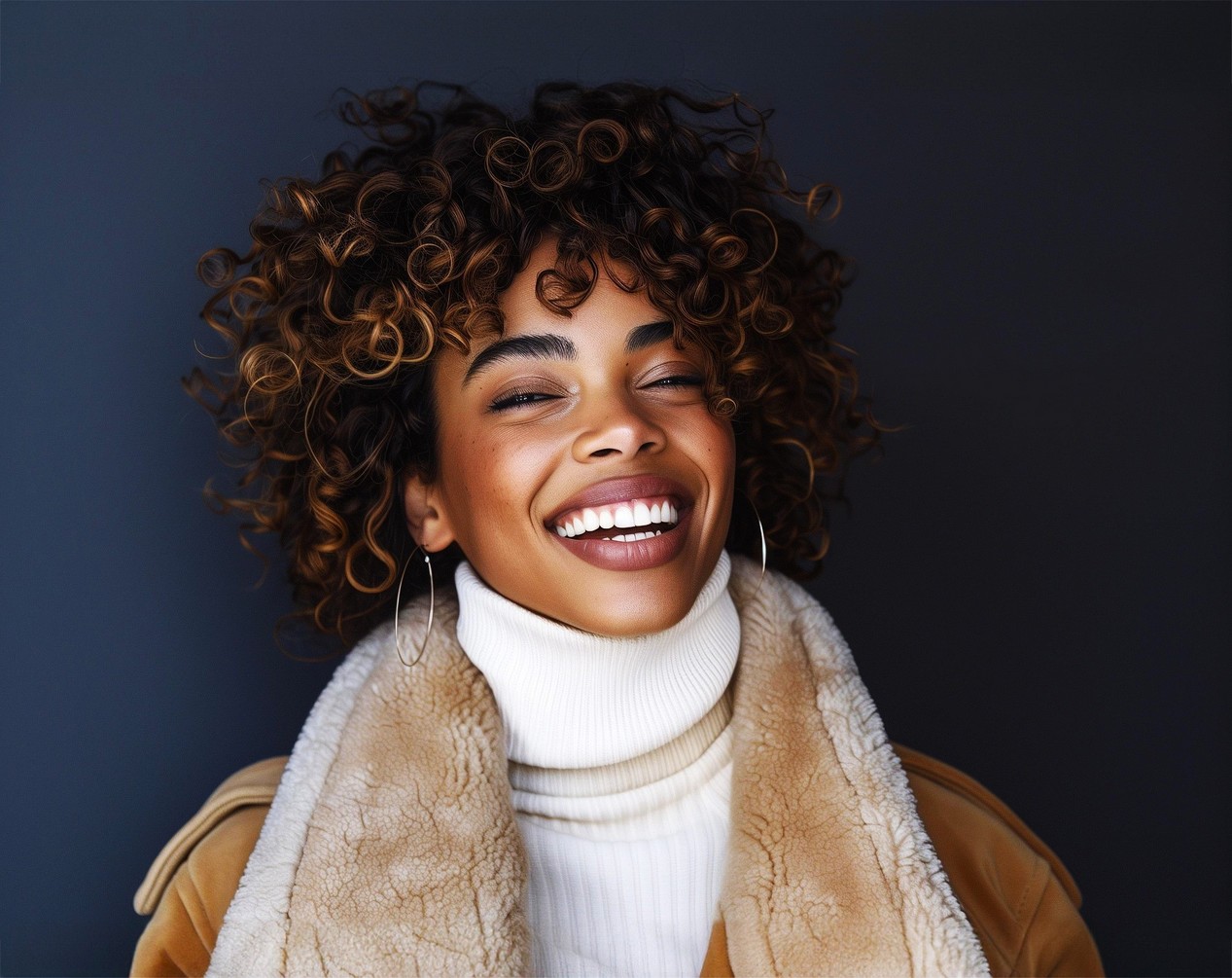 Jeune femme créole souriante qui porte des boucles d'oreilles Créoles avec un pull à col roulé blanc