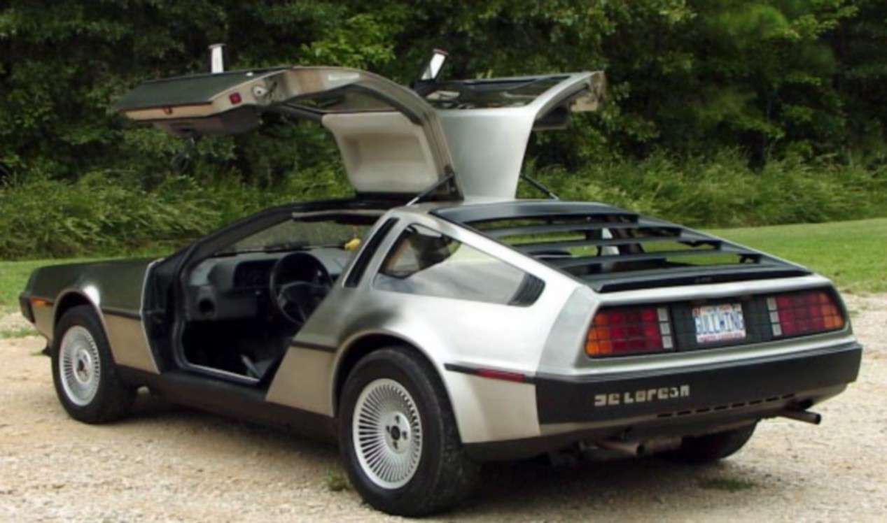 De Lorean DMC 12 avec ses portes “papillon” garée dans une forêt avec les portes ouvertes