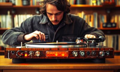 Jeune DJ en train de régler un disque vinyle