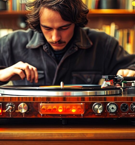 Jeune DJ en train de régler un disque vinyle