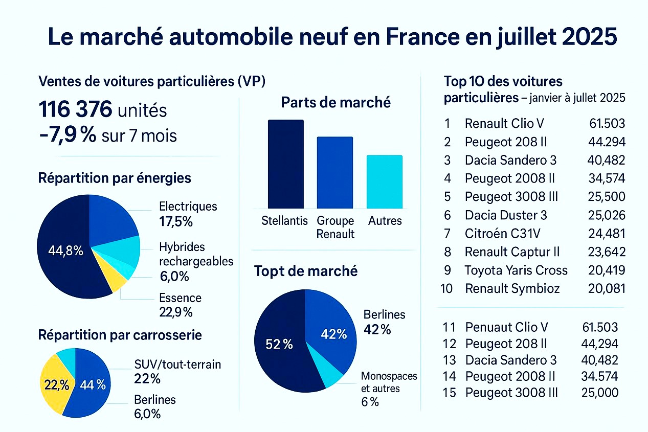Illustration chiffrée des tendances du marché automobile du neuf en France, en juillet 2025 et sur les 7 premiers mois de l'année 2025