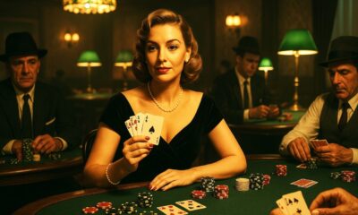 Femme jouant au poker dans un casino vintage