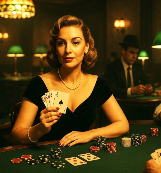 Femme jouant au poker dans un casino vintage