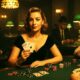 Femme jouant au poker dans un casino vintage