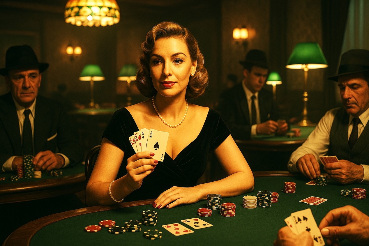 Femme jouant au poker dans un casino vintage