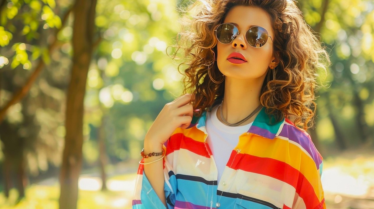 Femme habillée dans un style seventies avec lunettes de soleil rondes et t-shirt aux couleurs vives