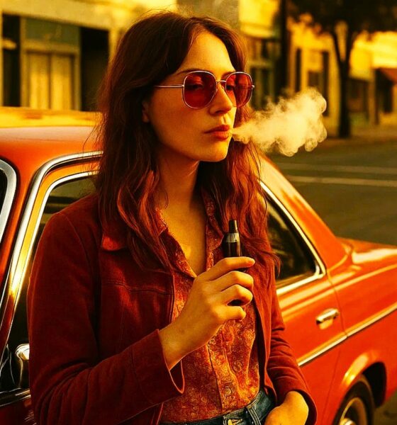 Femme qui vapote devant une voiture vintage
