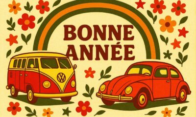 carte de voeux vintage avec des couleurs seventies et véhicules rétro