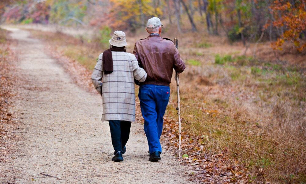 Couple de retraités en train de marcher dans la forêt