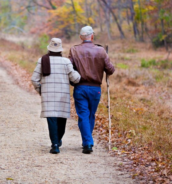Couple de retraités en train de marcher dans la forêt