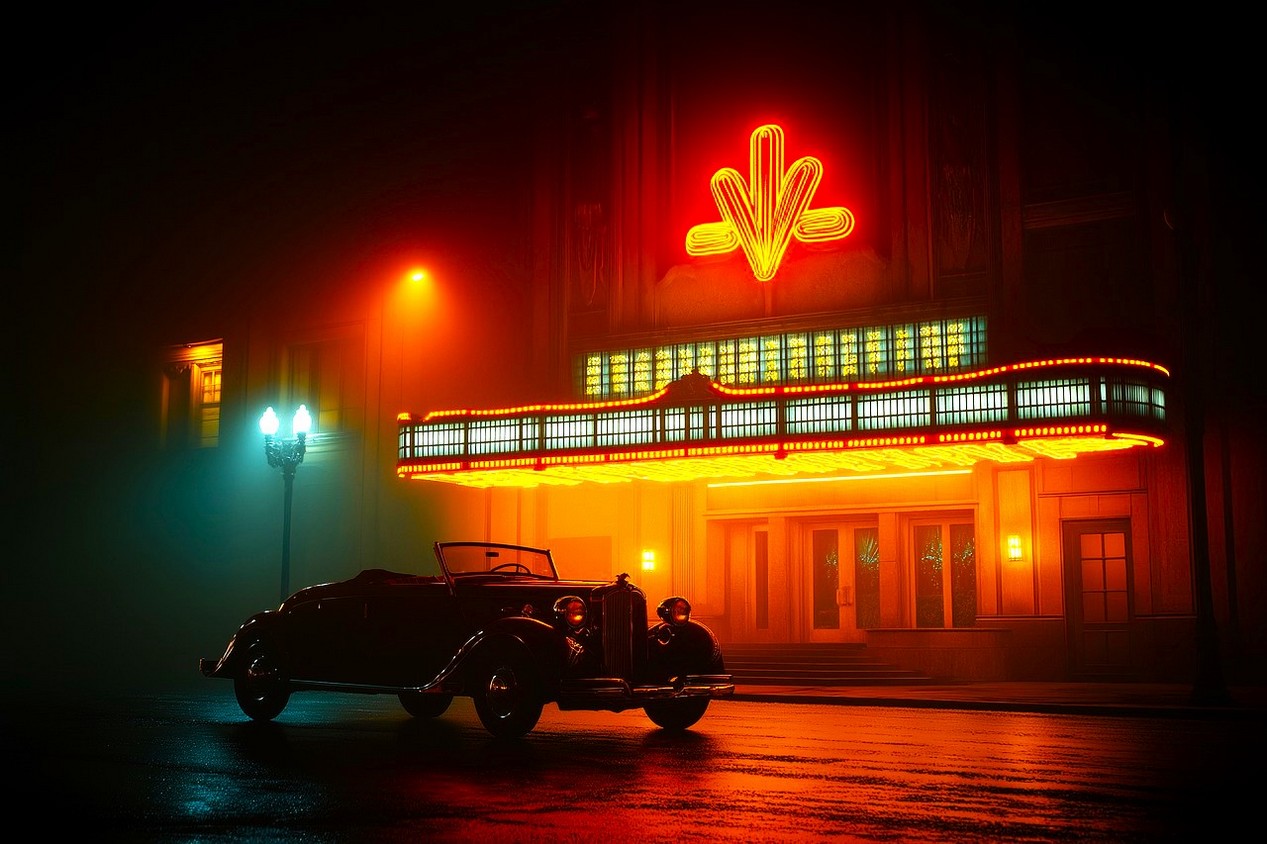 Salle de cinéma vintage avec une voiture ancienne garée devant dans la rue
