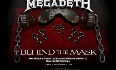 Affiche du film documentaire retraçant la carrière du groupe de rock Megadeth : Behind The Mask