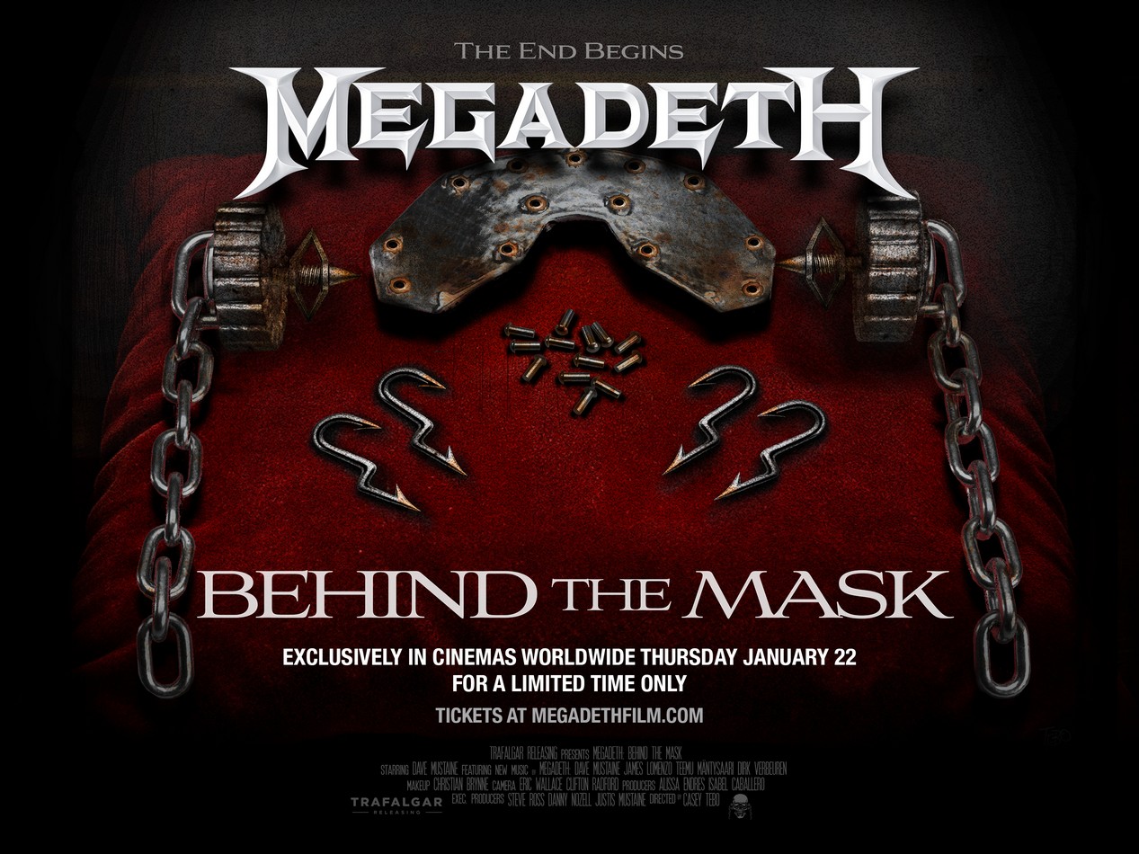 Affiche du film documentaire retraçant la carrière du groupe de rock Megadeth : Behind The Mask