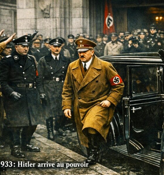 Adolf Hitler sortant de sa voiture et salué par les soldats nazis