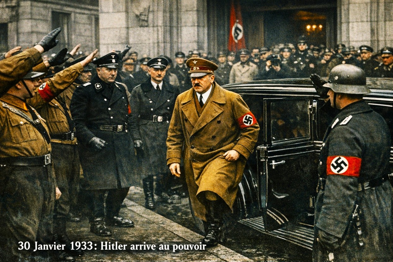 Adolf Hitler sortant de sa voiture et salué par les soldats nazis