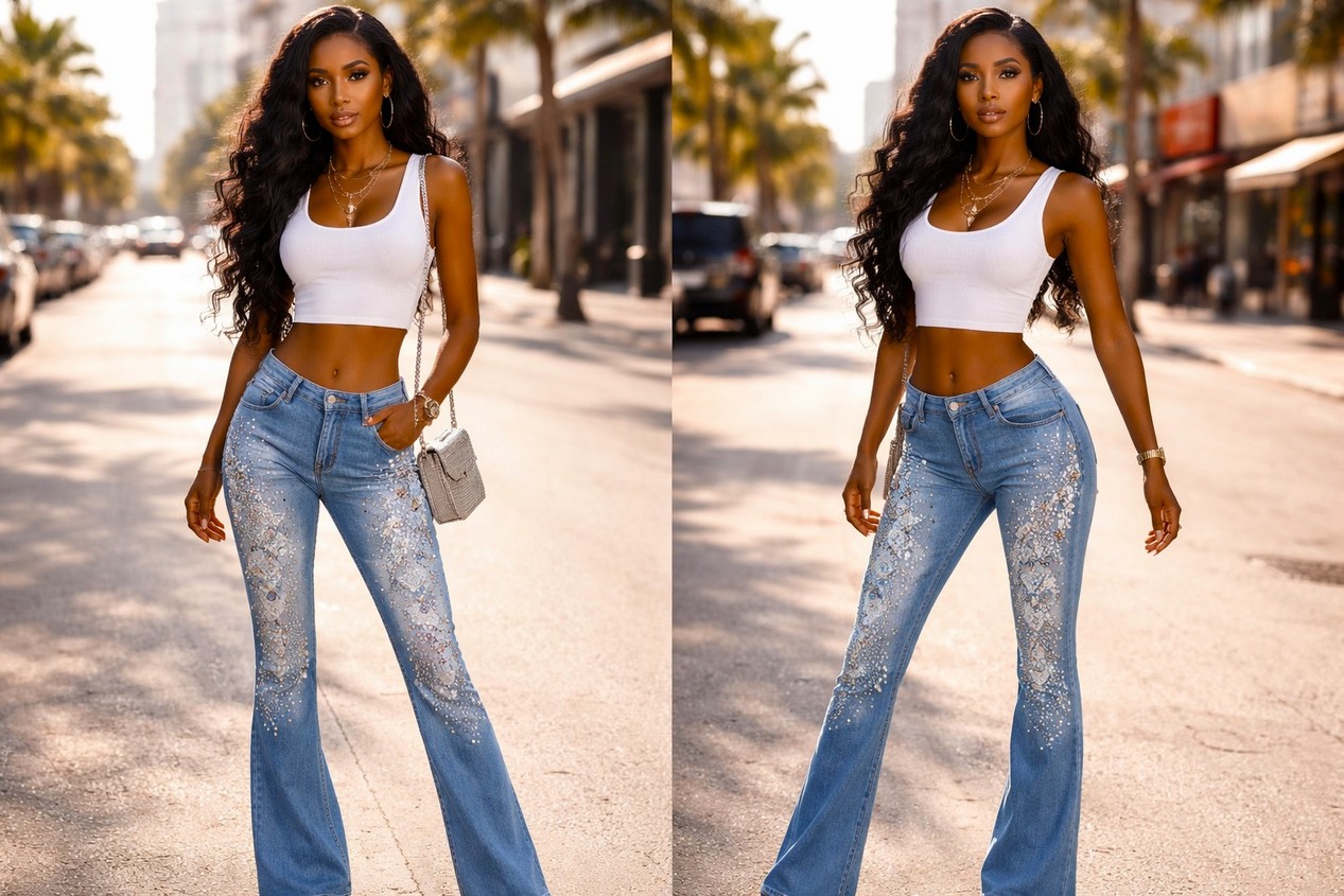 Femme noire métisse portant une paire de jeans brodés de strass style années 2000