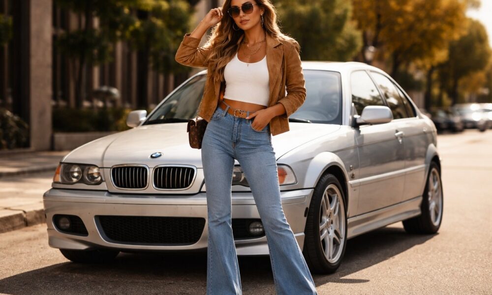 Femme qui porte une paire de jeans Flare style années 2000