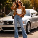 Femme qui porte une paire de jeans Flare style années 2000