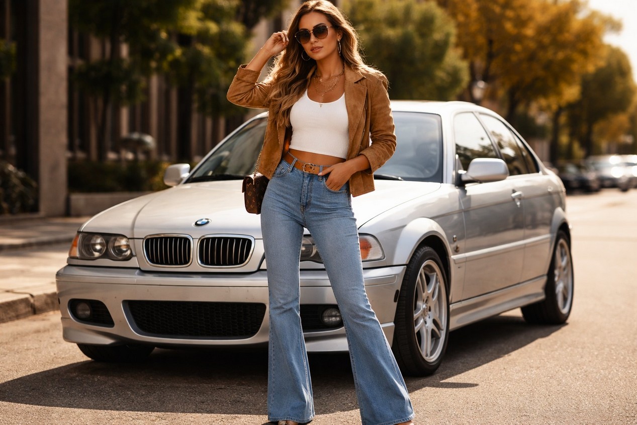 Femme qui porte une paire de jeans Flare style années 2000