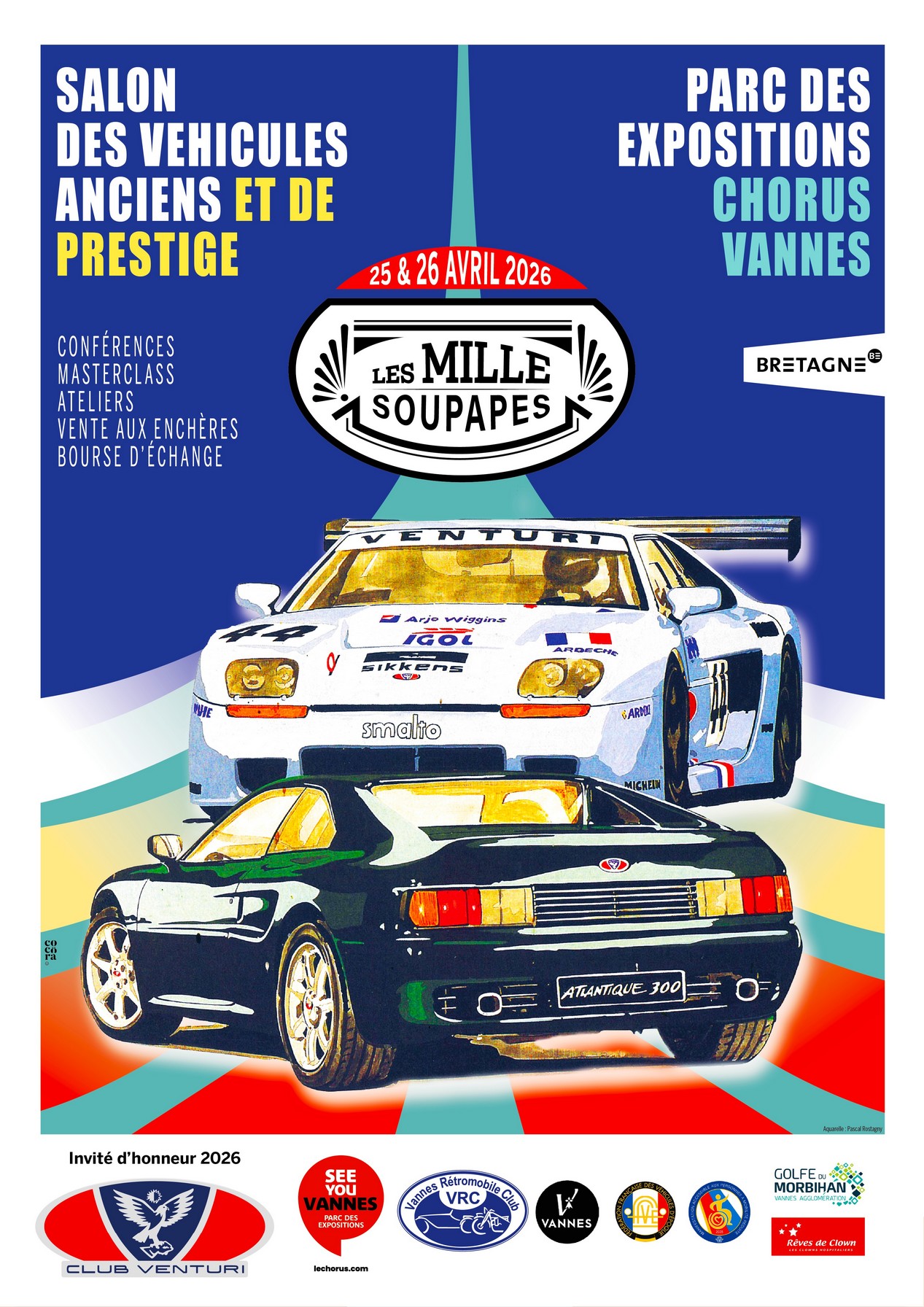 Affiche du salon de voitures anciennes Les Mille Soupapes de Vannes les 25 et 26 avril 2026