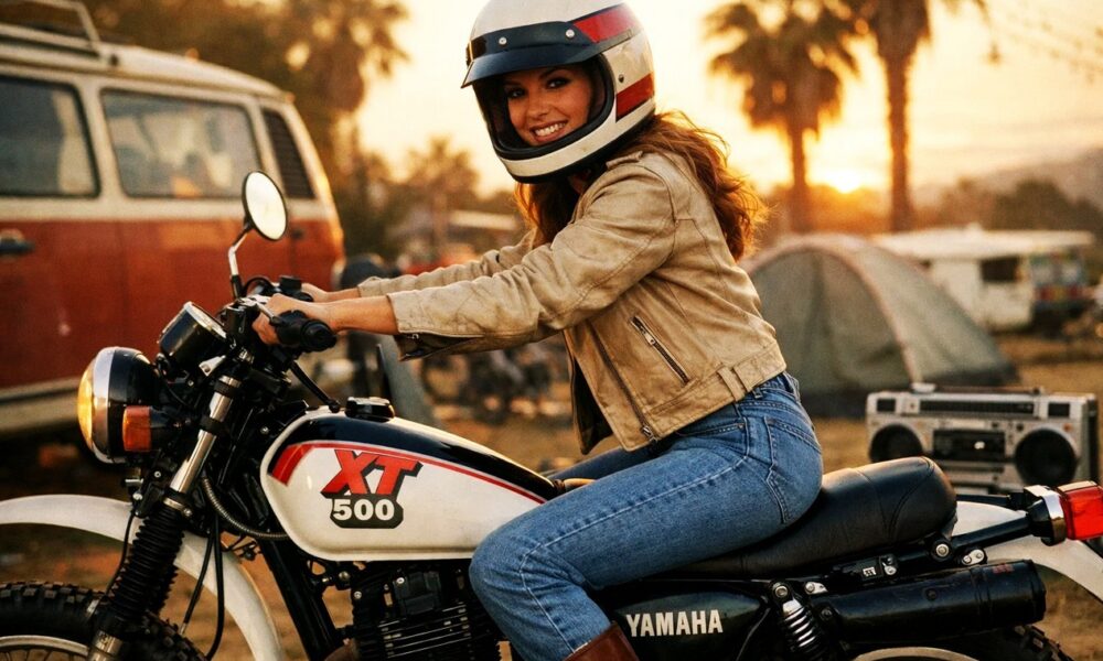 Jeune femme pilotant une moto Yamaha XT 500