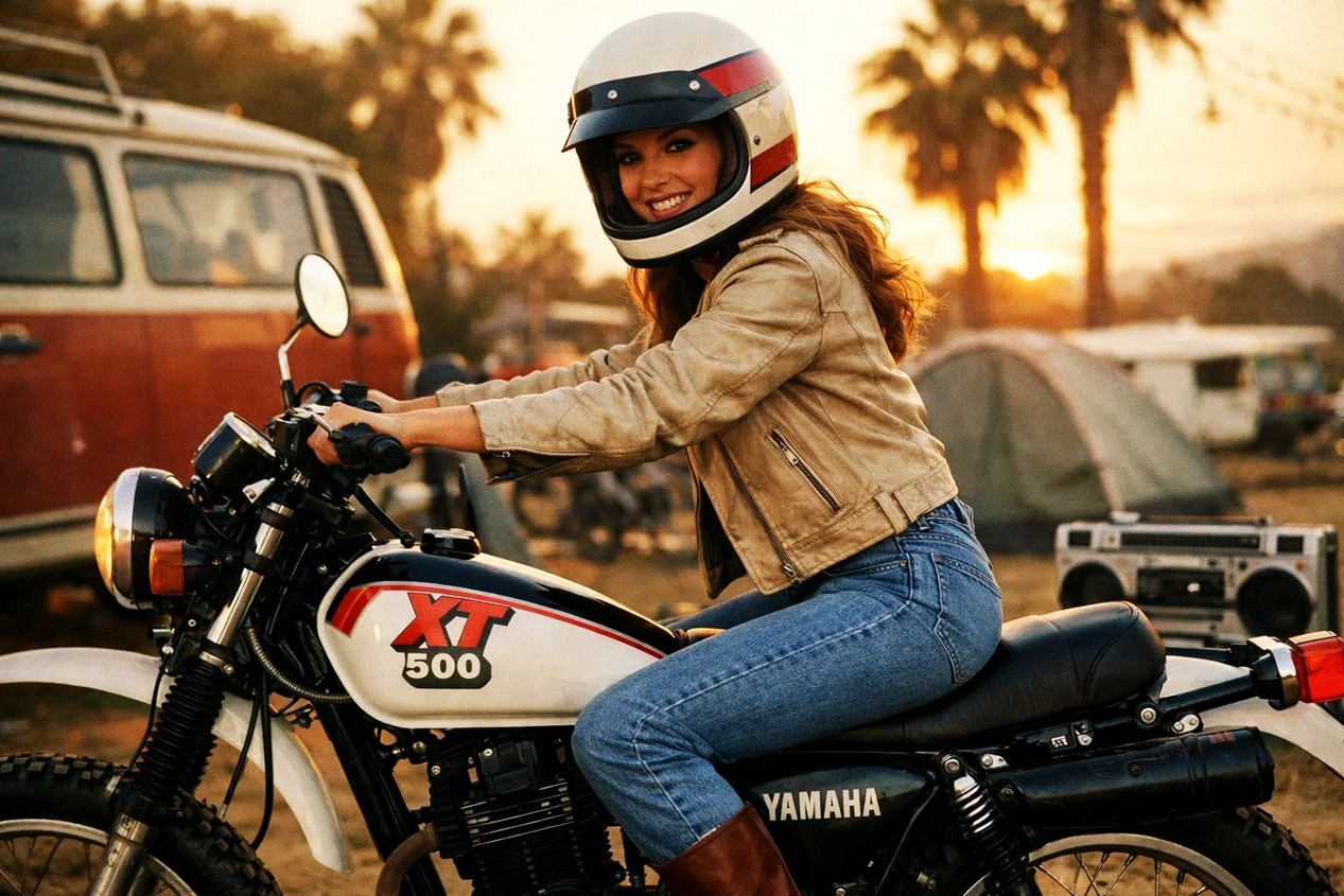 Jeune femme pilotant une moto Yamaha XT 500