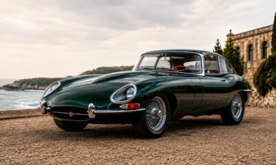 Jaguar Type E vert anglais stationnée dans la rue