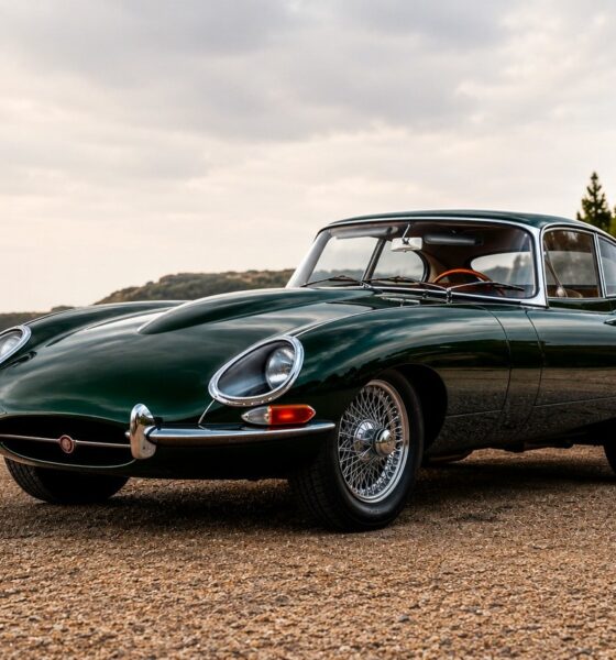 Jaguar Type E vert anglais stationnée dans la rue