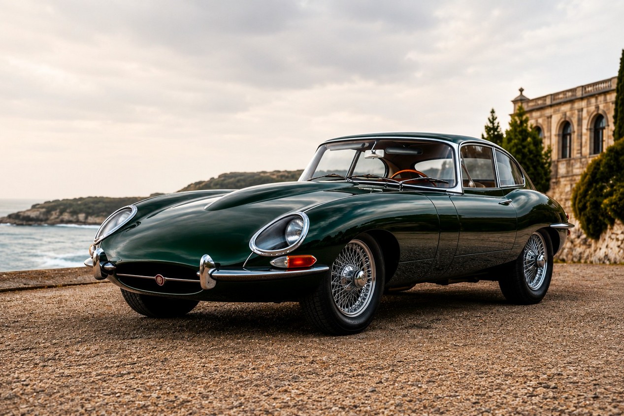 Jaguar Type E vert anglais stationnée dans la rue