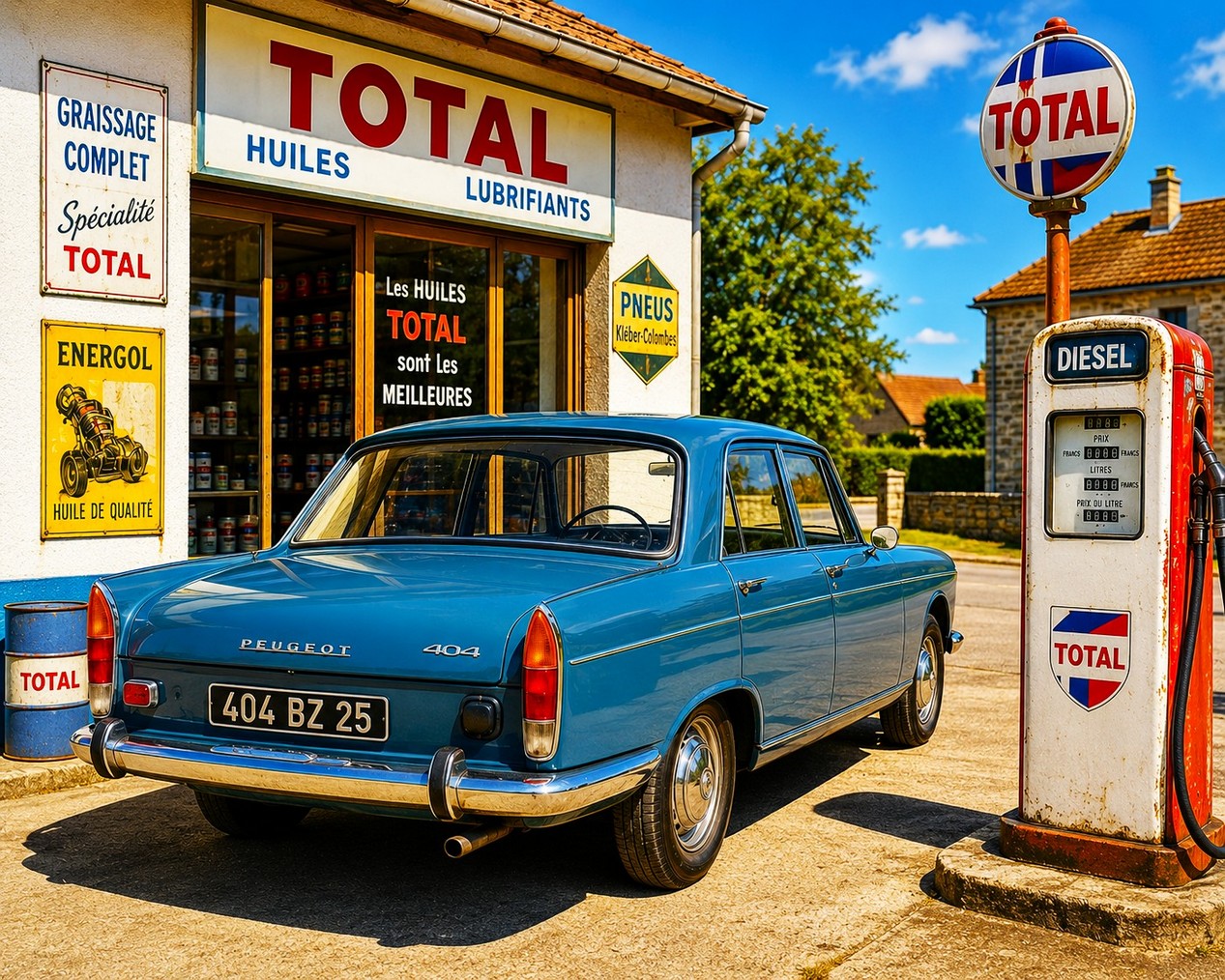 Peugeot 404 Diesel bleue station service vintage