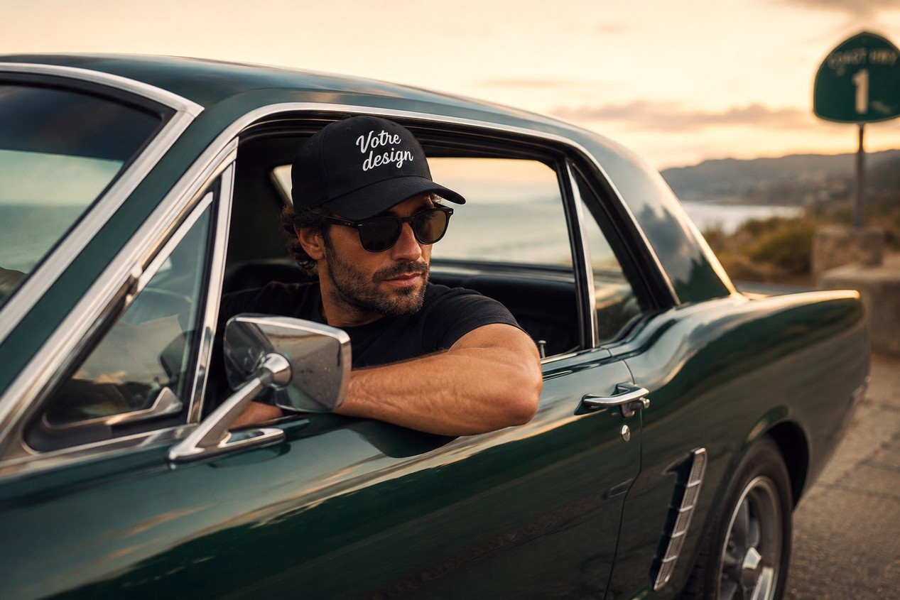 Casquette personnalisée portée par un homme jeune au volant d'une Ford Mustang vintage verte