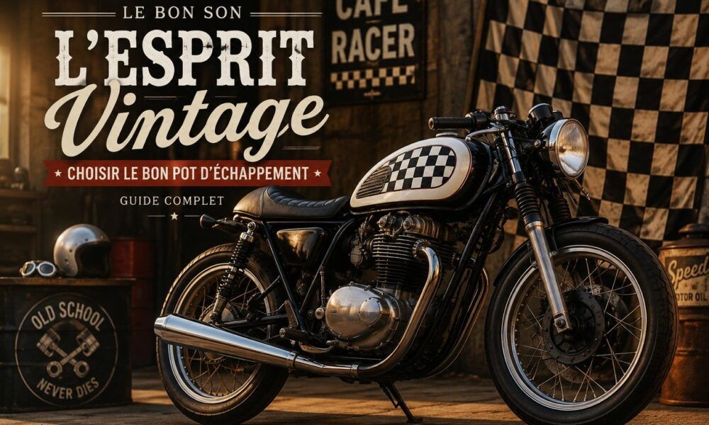 moto cafe racer vintage avec réservoir drapeau à damiers