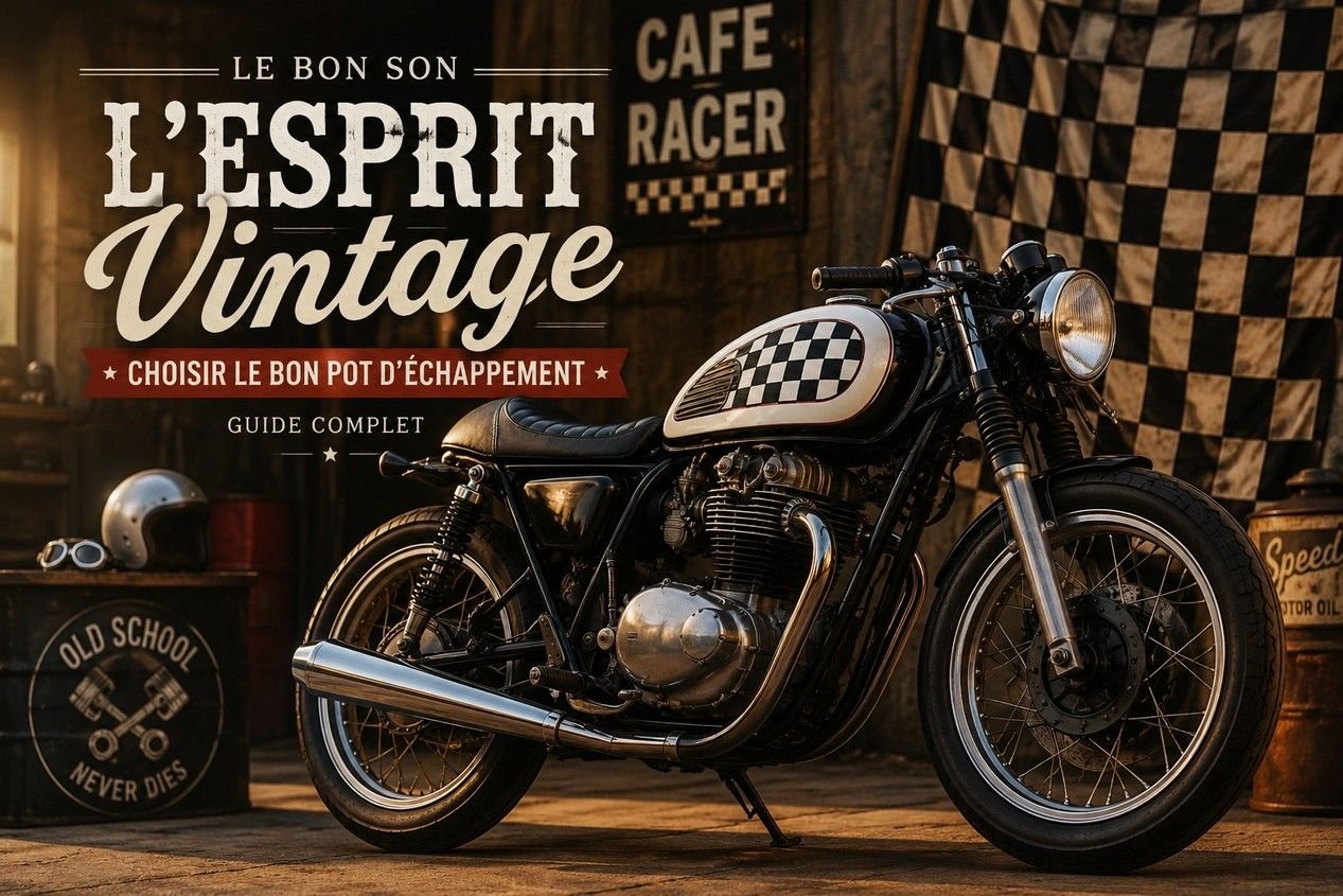 moto cafe racer vintage avec réservoir drapeau à damiers