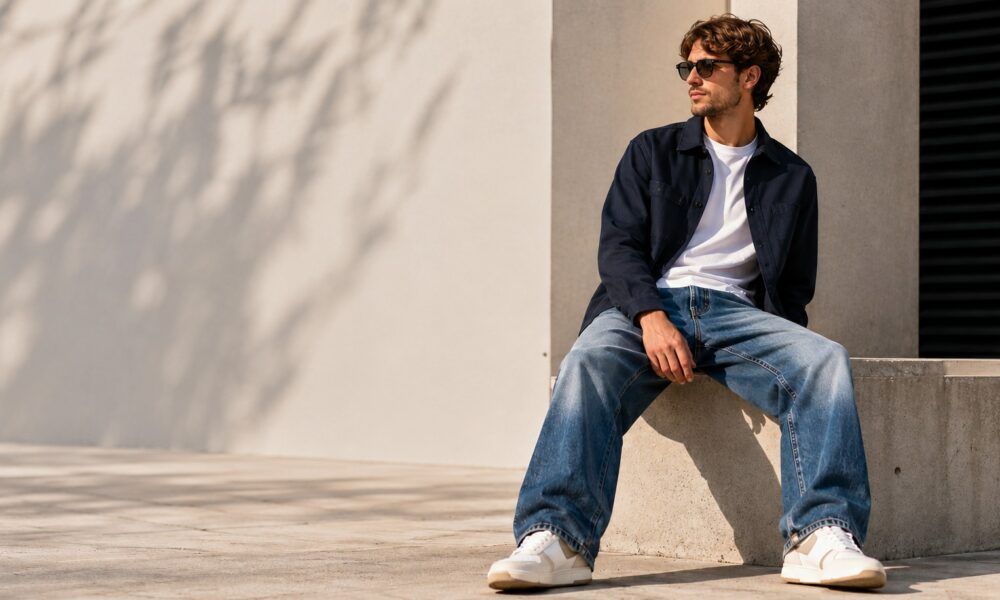 Jeune homme assis qui porte une paire de jeans larges