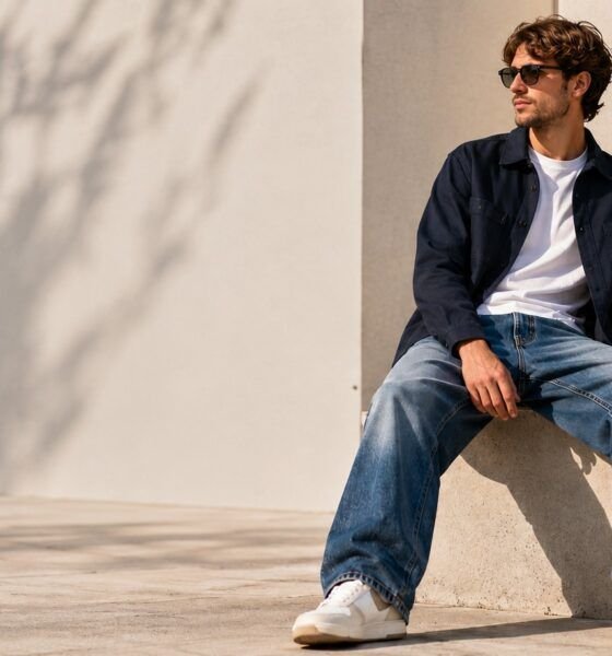 Jeune homme assis qui porte une paire de jeans larges