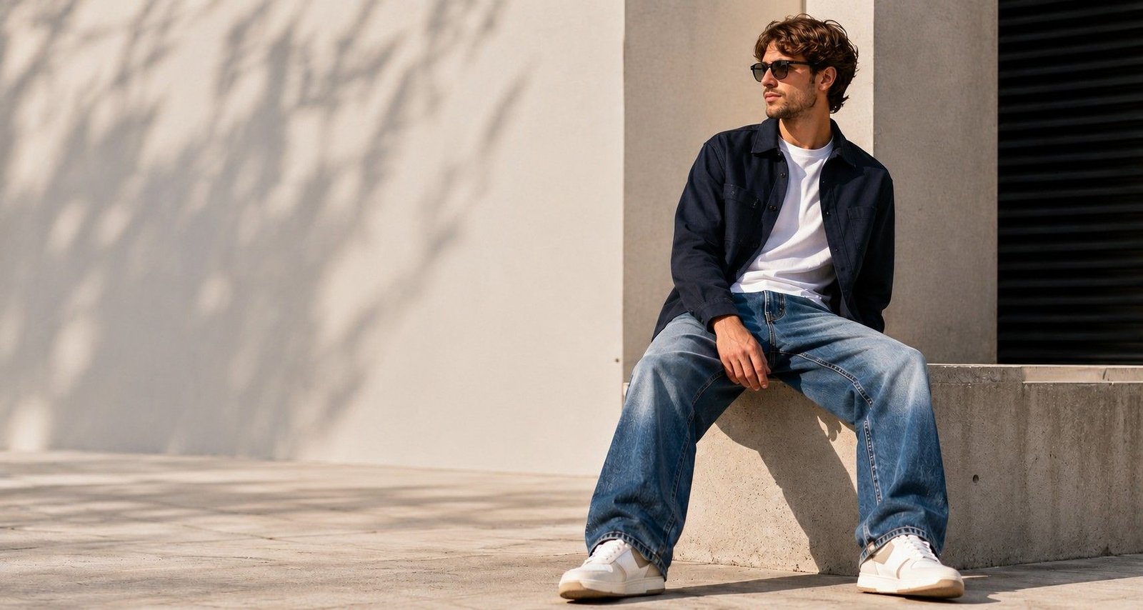Jeune homme assis qui porte une paire de jeans larges