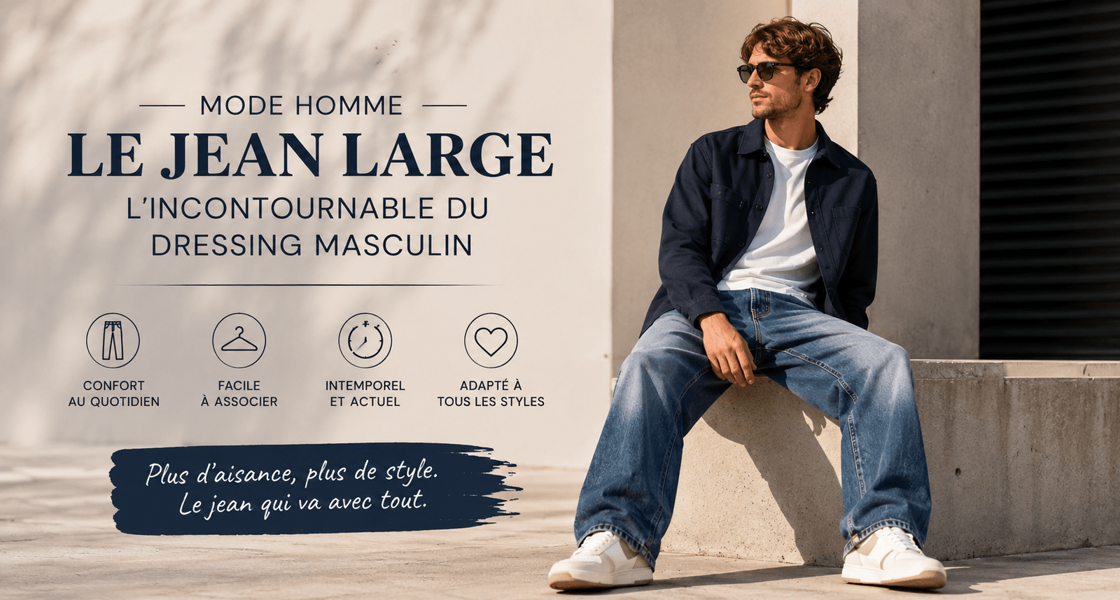 Jeune home assis qui porte une paire de jeans larges.