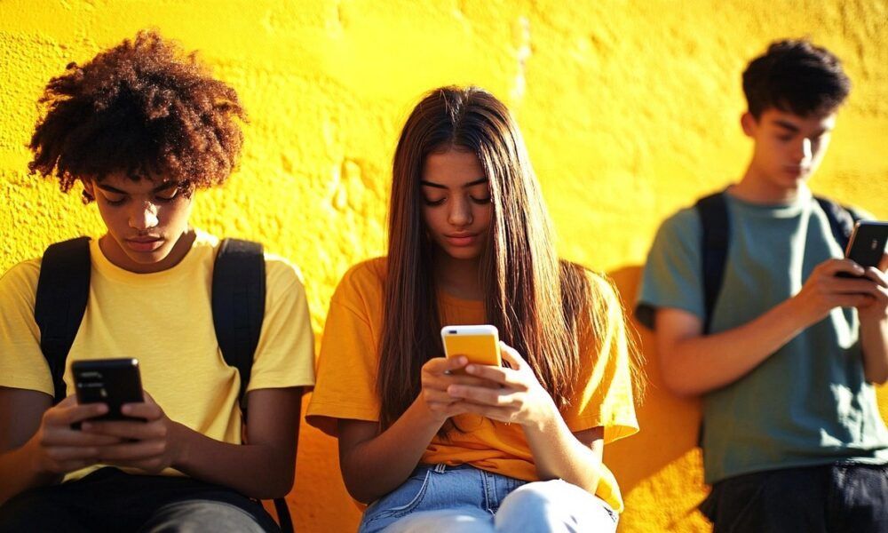 Trois jeunes en train de scroller sur leurs smartphones