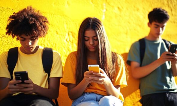 Trois jeunes en train de scroller sur leurs smartphones