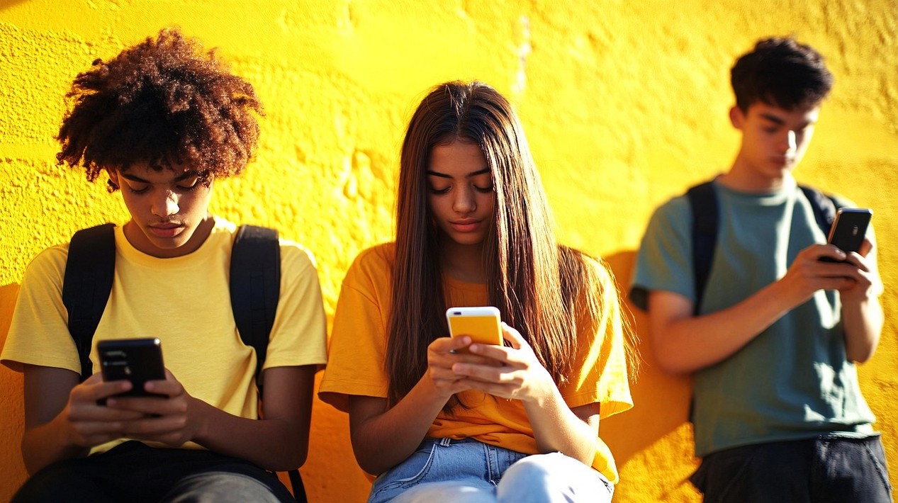 Trois jeunes en train de scroller sur leurs smartphones