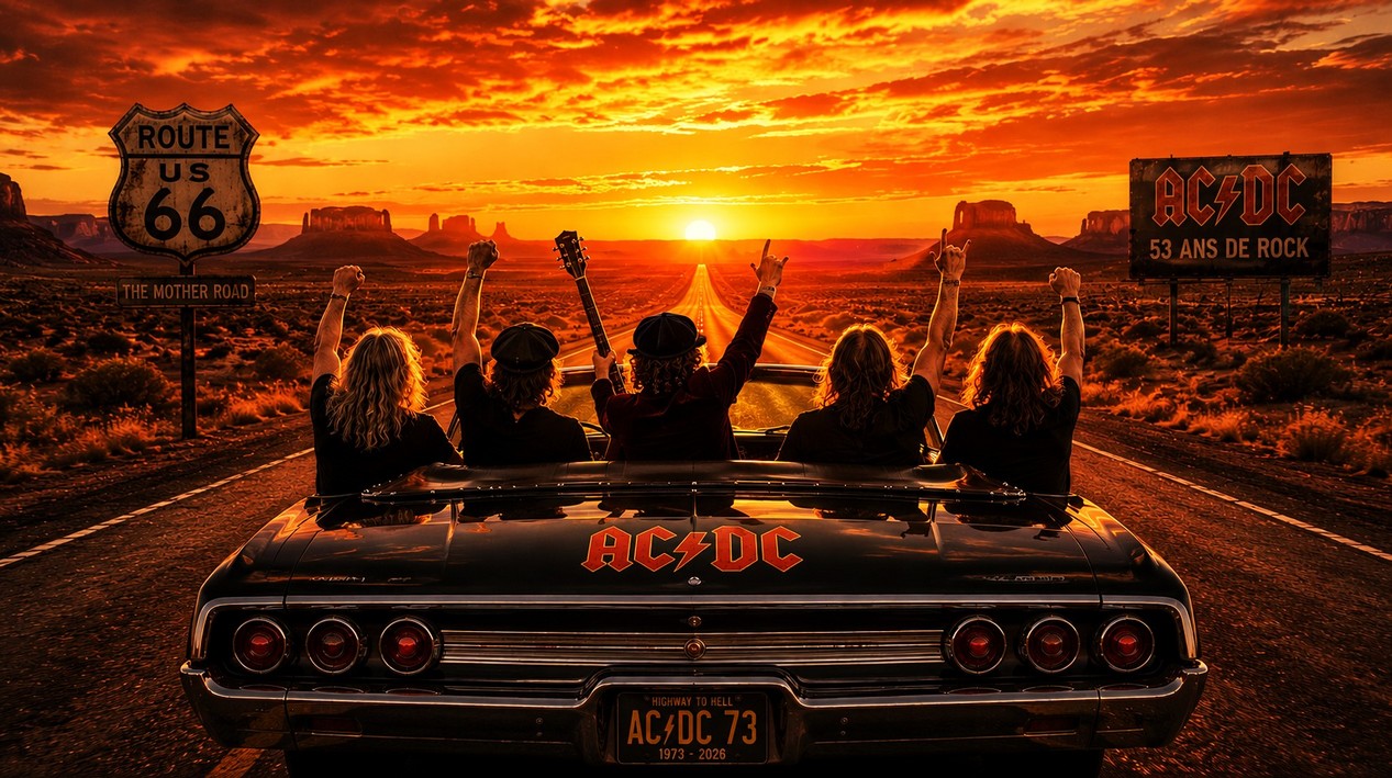 Le groupe de hard rock australien AC/DC en voiture