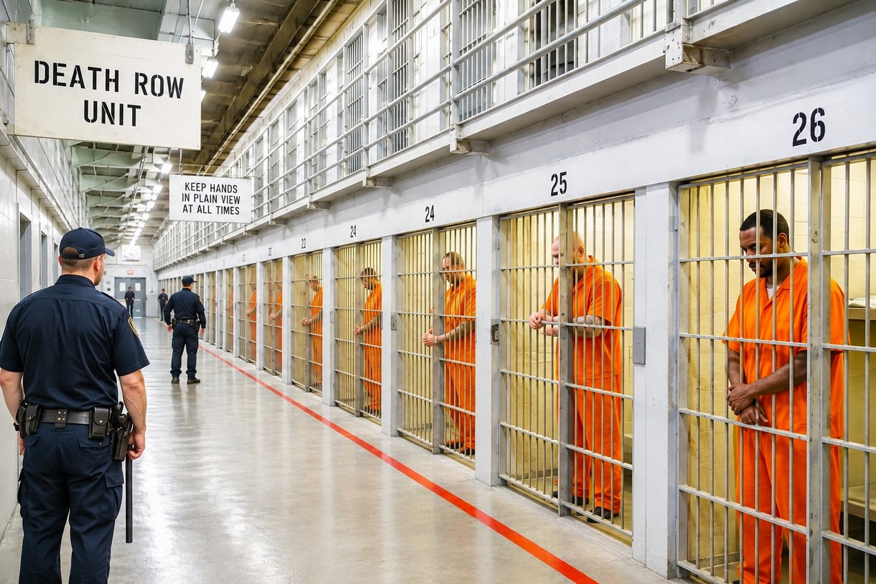 Prison américaine le couloir de la mort avec des prisonniers habillés en orange