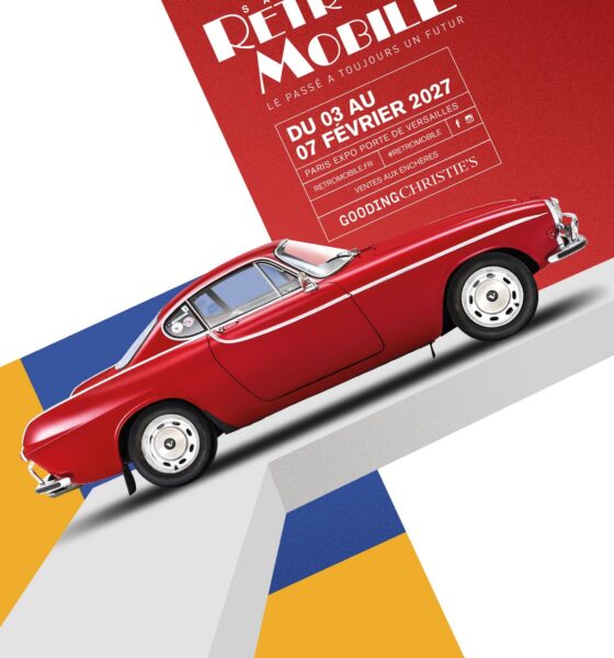 Affiche du salon Rétromobile 2027 avec une Volvo P1800